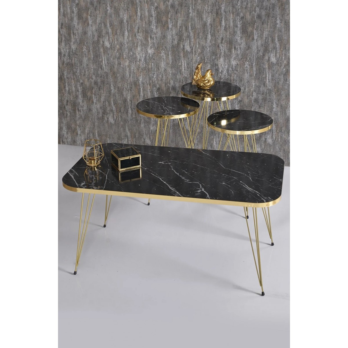 Τραπέζια σαλονιού "LOVELY" 4 τμχ σε χρώμα μαυρό μαρμάρου/χρυσό 90x50x43