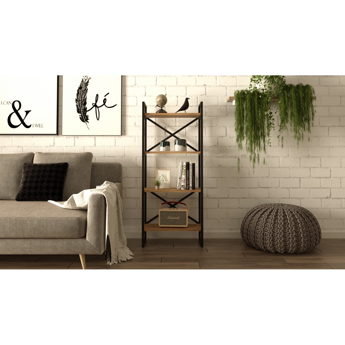 Βιβλιοθήκη-ραφιέρα "VIANA" με 4 ράφια σε χρώμα atlantic pine/μαύρο 58x30x138