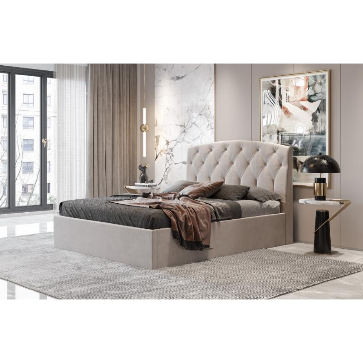 Κρεβάτι διπλό "BED2" με στρώμα από ύφασμα σε χρώμα γκρι 160x200