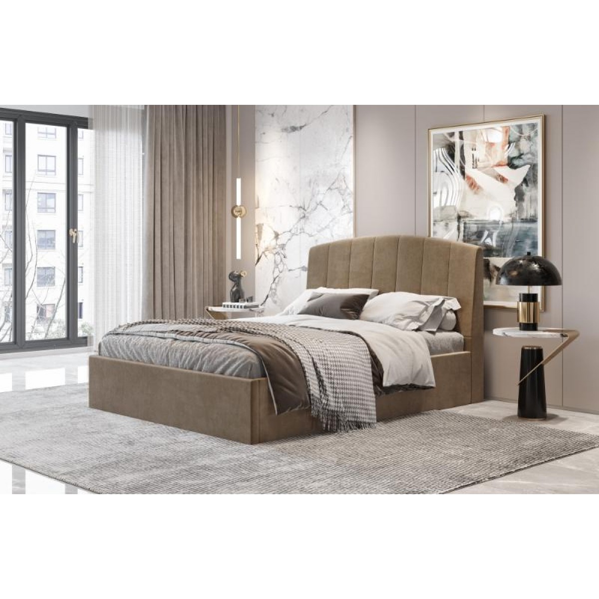 Κρεβάτι διπλό "BED6" με στρώμα από ύφασμα σε χρώμα κάμελ 160x200
