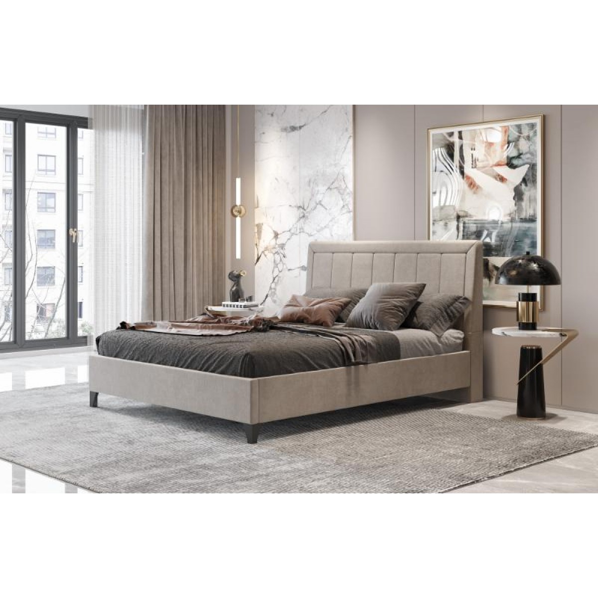Κρεβάτι διπλό "BED9" με στρώμα από ύφασμα σε χρώμα taupe 160x200